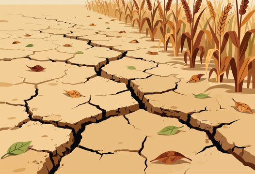 Cracked earth with wilting crops represents a drought