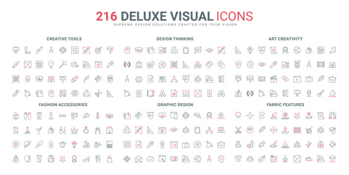 Art creativity of author, graphic tools, fashion and design line icon set. Content planning in calendar, options and algorithms, fabric features thin black and red outline symbols vector illustration