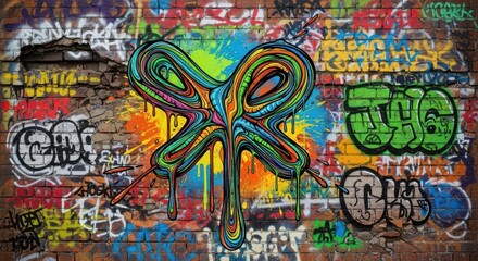 Obraz premium Intricate abstract design overlays a heavily textured and colorful wall covered in assorted street art