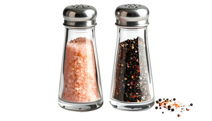 Close-up of two glass salt shakers, one pink salt, the other pepper, with spilled contents