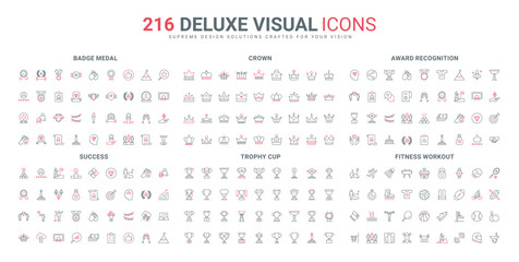 Success prize, gold cup award of athlete, crown and medal of winner line icon set. Sports and yoga training, smart watch monitoring app thin black and red outline symbols vector illustration