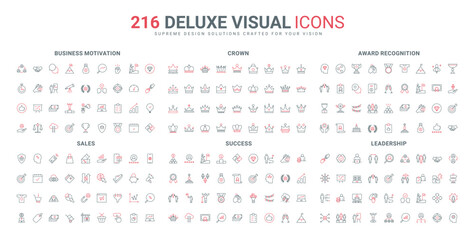 Leadership mindset and vision, collaboration, success solutions search line icon set. Business motivation, recognition awards, honor of champion thin black and red outline symbols vector illustration