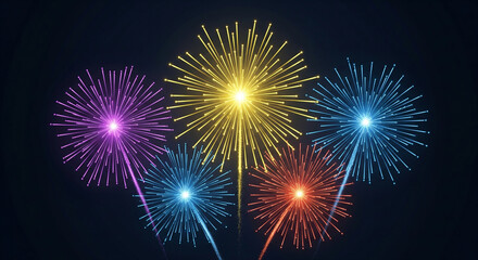 A vibrant illustration depicting a cluster of stylized fireworks against a deep, dark background
