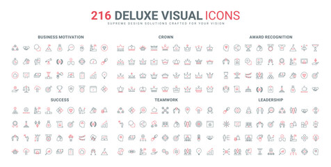 Business leadership and teamwork unity, corporate company competition, goals and training line icon set. Crown and award recognition of leader thin black and red outline symbols vector illustration