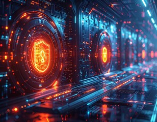 Advanced digital security infrastructure with illuminated shield icons in a futuristic server room, symbolizing robust data protection and network integrity for the digital age