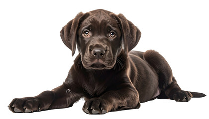 A chocolate brown Labrador puppy, lying down and looking directly at the viewer