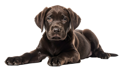 A chocolate brown Labrador puppy, lying down and looking directly at the viewer