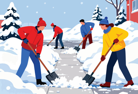 People in winter clothing shoveling snow from a sidewalk