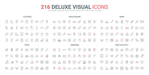 Kids activity and sport, baby food, clothes and care line icon set. Romantic honeymoon and wedding celebration, healthcare and yoga meditation thin black and red outline symbols vector illustration