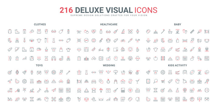 Kids activity and sport, baby food, clothes and care line icon set. Romantic honeymoon and wedding celebration, healthcare and yoga meditation thin black and red outline symbols vector illustration