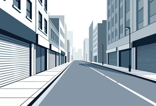 Empty city street with buildings and rolling shutters