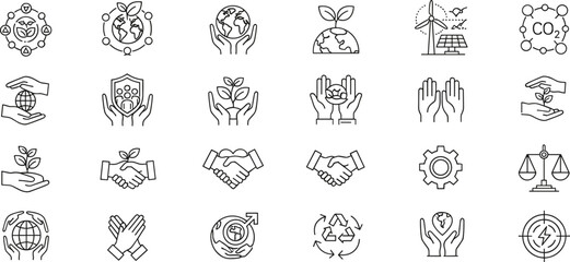 Obraz premium Global Sustainability Icons for Eco Awareness, Renewable Energy, Climate Action, Environmental Protection, Cooperation, and Green Technology in Line Style