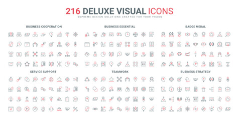 Business cooperation, prize and reward of champion, corporate company strategy line icon set. Customer support and helpdesk, feedback of quality thin black and red outline symbols vector illustration