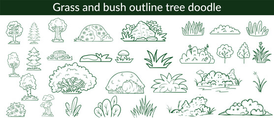 Grass and bush outline tree doodle for lawn vector cute landscape with hand drawn plant and minimal silhouette. Greenery line art for jungle, park and garden. Cartoon sketch and scribble vector set.

