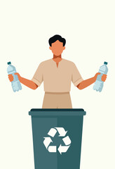 Person holds plastic bottles over a recycling bin with a symbol