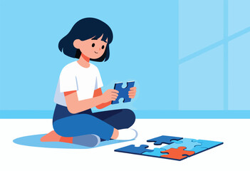 A young person sits cross-legged, piecing together a jigsaw puzzle with concentration