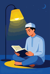 Young man reads religious text under a lamp at night