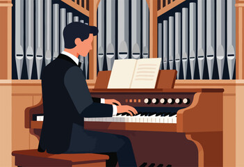 Man in suit plays a pipe organ, with sheet music open