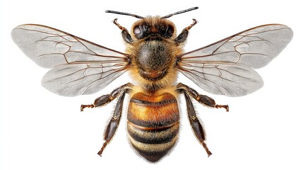 High-resolution image of a honeybee showcasing intricate wing patterns and hairy body details. Perfect for entomology studies, environmental education, or insect-themed designs.