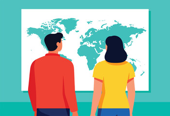 Two people look at a world map, contemplating global connection and exploration