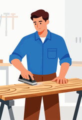 A man in a workshop sands a wooden board on a workbench