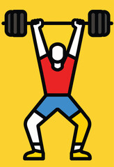 Stylized person in athletic attire lifts a barbell overhead on a yellow background