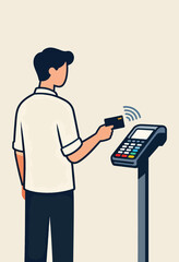 Person tapping card on payment terminal, contactless transaction