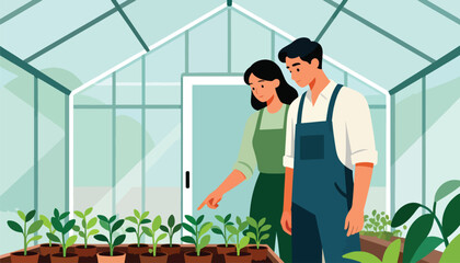 Two people tending to seedlings in a bright greenhouse