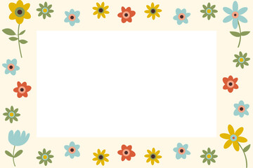 Obraz premium Minimalist floral meadow frame with copy space. Background featuring colorful sprinkled flowers on pastel surface. Vector flat design border for cute Valentine's Day greeting card or spring banner.