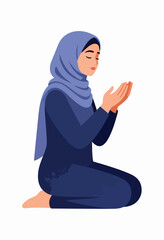 A woman in a blue hijab and dress kneels with eyes closed, hands cupped in prayer