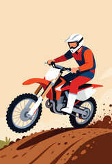 Motocross rider in mid-air, kicking up dirt on a sandy track
