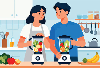 Couple preparing healthy fruit and vegetable smoothies in a modern kitchen