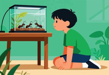 Child observes ants in a terrarium with plants on a wooden table