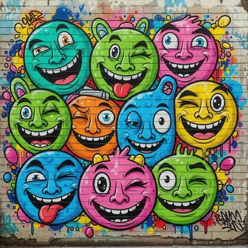 Colorful cartoon faces with exaggerated expressions cover an exterior brick wall surface