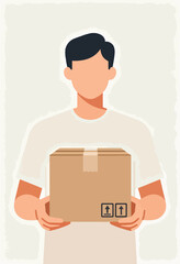 Person in a white shirt holding a cardboard box with directional arrows