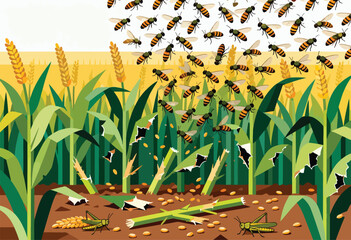 Swarm of bees and grasshoppers in a damaged crop field
