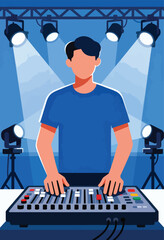 Person adjusting audio mixer under stage lights