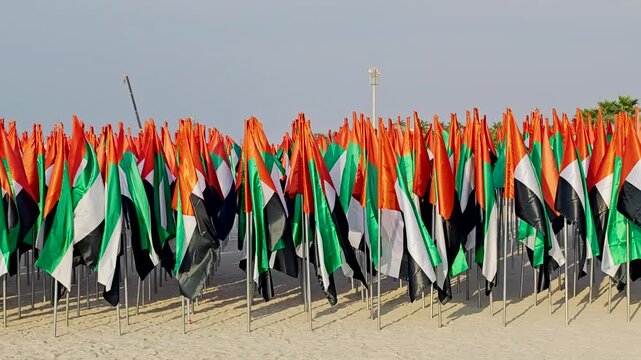 Thousands of UAE flags planted in the sand at Jumeirah Beach forming a vibrant patriotic display. 4K video footage. National day attribute
