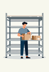 A person organizing boxes on a multi-level industrial shelf