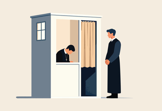 A priest in a confessional booth listens to a parishioner