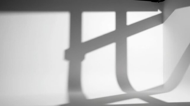 Slow movement of sharp, architectural shadows gliding across a completely clean, white studio wall background space, empty, bright