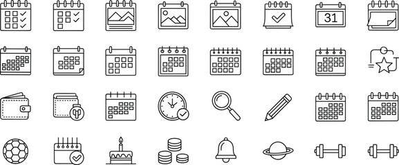 Minimal calendar and event icons set for scheduling, planning, productivity, time management, reminders, appointments, sports, fitness, and celebration.