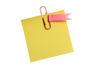 Yellow sticky note with paperclip and pink flag isolated on transparent background