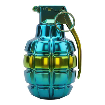 Shiny metallic green hand grenade with gold pin isolated on transparent background