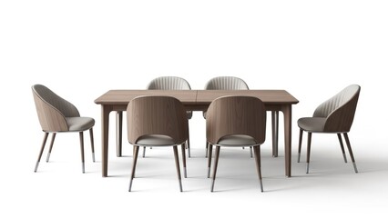 Fototapeta premium Wooden dining set rectangular table with six stylish chairs against a white backdrop