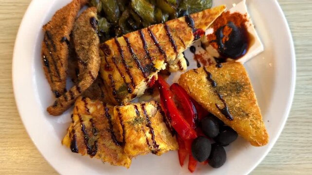 Spanish Tapa Plate with Tortilla Omelette, Fried Bread, Peppers, Black Olives and Cheese