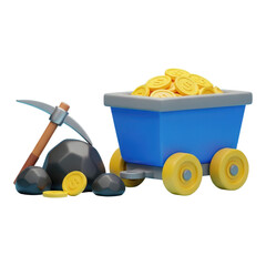 3d cartoon mining cart filled with gold coins and pickaxe on transparent background