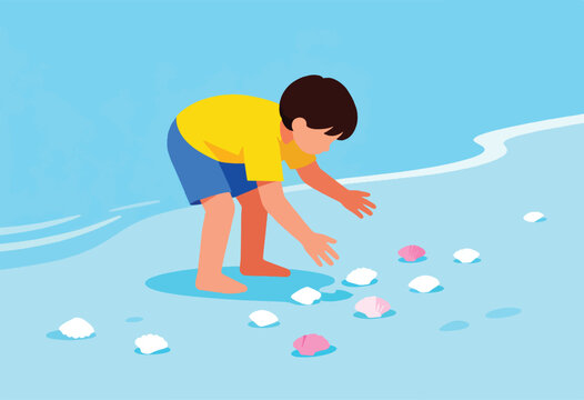 Child stooping to collect shells on a blue ocean shore