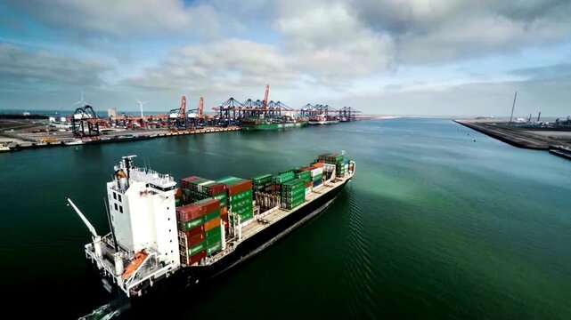 Container Ship at Busy Port Terminal With Cranes and Cargo in Open Waterfront