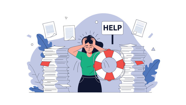 Overwhelmed office worker woman stressed by heavy workload and piles of paper seeking help with a lifebuoy and a sign in a flat vector illustration. - Powered by Adobe